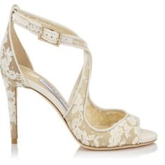 Jimmy Choo - Channelling A Hint Of Old Hollywood Glamour, Jimmy Choo's Emily Sandals Are Framed In A Flattering Crossover Silhouette For An Elegant Leg-Lengthening Effect. Embroidered With Floral Lace, They Combine The Label's Expert Craftsmanship And Unparalleled Elegance To Elevate Evening Dresses Or Tailored Separates. Color: Ivory/White Floral Lace Peep Toe Adjustable Ankle Strap Leather Lined Leather Sole Heel Heigt: 85 Mm / 3.3 Inches Brand New With Box And Dust Bag 100% Authentic Best Bridal Shoes, Beige Outfits, Brand Sandals, Perfect Wedding Shoes, Jimmy Choo Sandals, Lace Sandals, Reception Look, Mother Of Bride Outfits, Dressed In White