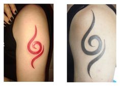 two different tattoos on the arms and legs, one with a red swirl tattoo on it