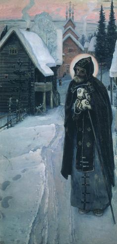 a painting of a person walking in the snow