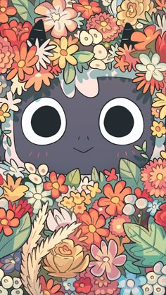 an illustration of a cat surrounded by flowers and plants with eyes wide open to the camera