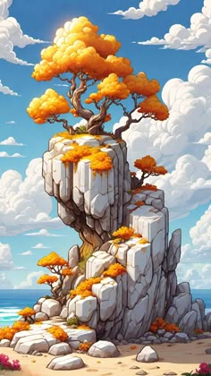 a painting of a tree on top of a rock formation in the middle of an ocean