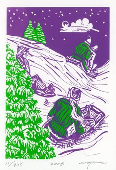 a purple and green drawing of two people on snowmobiles in the night sky