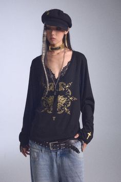 This relaxed-fit long-sleeved shirt features intricate gold print details on the front, while the V-neck design shows the included lace bralette underneath. This high-stretch, lightweight piece combines comfort with a statement. An additional cross... Noname Space, The Blonds, Styling Clothes, Y2k Fits, Boho Shirt, Vintage Elements, Y2k Clothing, Boho Shirts, Status Quo