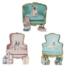 three different colored chairs with dogs on them and presents in front of the chair,