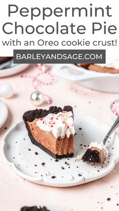 a slice of peppermint chocolate pie on a white plate with a fork in it