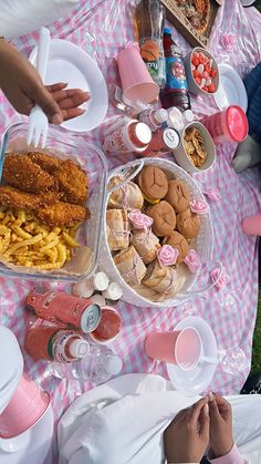 people sitting at a picnic table with food and drinks on it, all covered in pink checkered cloths