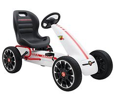 a white and red pedal trike with black wheels on a white background for children