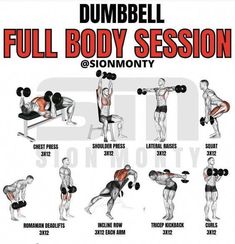 the dumbbell full body session poster shows how to do an exercise with dumbbells