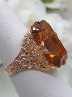 Orange Citrine Ring, Edwardian style, rose gold filigree, with flared prong detail, Treasure design Gold Vintage Jewelry, Citrine Wedding, Yellow Citrine Ring, Orange Citrine, Orange Ring, Black Onyx Engagement Ring, Ring Inspo, Edwardian Jewelry, Citrine Jewelry