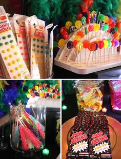 there are many candies and candy on display in this collage, including lollipops