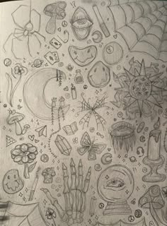 this is a drawing of many things in the sky and on the ground, all drawn by hand