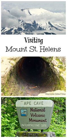 there are two pictures with the words visiting mount st helens and an image of a mountain