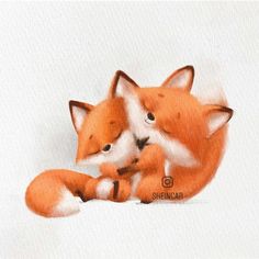 a watercolor painting of an orange fox and its cub laying down on the ground