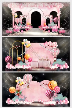 two banners with balloons and decorations for a birthday or baby shower party on a stage