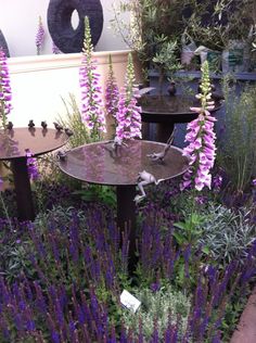 purple flowers and other plants in a garden area with metal birdbath sculptures on the side