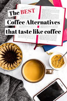 the best coffee alternatives that taste like coffee on top of a book and cup of coffee