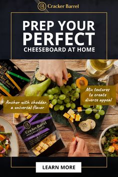 an advertisement for cracker barrel's cheeseboard at home, featuring grapes and pears