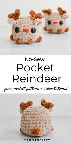 Chenille plush yarn crocheted reindeer in light brown with dark brown antlers and a red yarn nose. Crochet Reindeer Pattern, Reindeer Crochet Pattern, Hand Video, Reindeer Crochet, Crochet Reindeer, Crochet Pocket, Crocheted Animals, Christmas Crochet Patterns Free, Reindeer Pattern