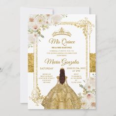 the princess quincee birthday party card is shown with gold glitter and white flowers