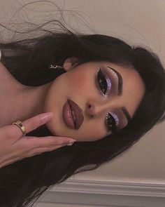 Follow @Brat_Pax for more! 🖤 #makeup #eyeshadowlooks #makeuplover Emerald Green Makeup Looks With Gems, Face Crystals Make Up, Brown Eye Makeup With Rhinestones, Birthday Glam Makeup With Rhinestones, Light Purple And Silver Eye Makeup, Make Up With Rhinestones Eye Makeup, Eye Make Up With Rhinestones, Date Night Makeup Ideas, Lavender Eye Makeup Prom