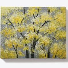 a painting of yellow trees on a gray background