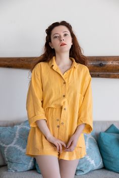 "Welcome to Pavietra! This set of linen pajamas made up of an oversized shirt with pocket detail, which is decorated with handmade stitches, and loose-fitting shorts with an elastic waist and coconut button detail. It can be worn at home and out. PAJAMAS DETAILS ⚬ Oversized fit ⚬ Made of washed organic Oeko-Tex certified linen grown in Belarus. ⚬ Side pockets. ⚬ Linen is NOT see-through. ⚬ Your choice of 20 colors. ⚬ Sizes XXS to 3XL (please see detailed size chart in photos). ⚬ If you would lik Relaxed Fit Sets With Pockets For Day Out, Summer Short Sets With Pockets, Summer Sets With Pockets And Short Length, Spring Sets With Pockets And Relaxed Fit, Relaxed Fit Short Set For Spring, Summer Sets With Relaxed Fit And Short Length, Relaxed Fit Short Sets With Pockets, Summer Linen Loungewear Set, Casual Linen Sets For Summer