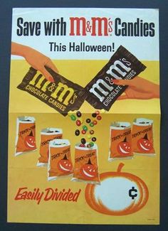 an advertisement for m & m's halloween candies from the 1950's