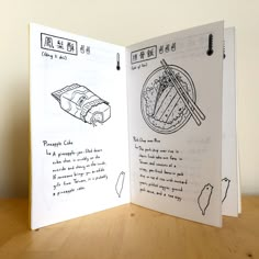 an open book with drawings on it