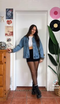 Black Stockings Outfit Casual Summer, Boston Fits Fall, 21 Year Old Outfits Casual, Spring Outfits With Doc Martens, Outfit Ideas For Anniversary Dinner, Black Skirt Jean Jacket Outfits, Vegas Outfit Inspiration, Denim Jacket Outfit With Skirt, Preppy Alternative Style