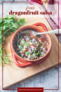 a bowl of fresh dragonfruit salsa on a cutting board