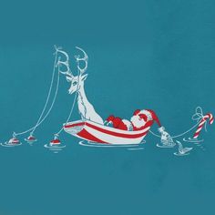 a santa clause riding in a boat with reindeers on the side and candy canes attached to it