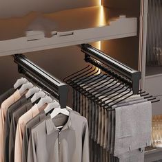 This Pull Out Wardrobe Clothes Rail is a great space-saving closet accessory. Its stainless steel construction ensures long-lasting durability, and its pull-out design allows for extended reach for easy access to your clothing. Make your closet more efficient and accessible with this wardrobe rail. The sturdy construction makes this wardrobe rail a reliable and durable solution for your room organisation. -Mounted underneath the shelf inside a wardrobe -Provides easy and convenient access to clo Pull Out Wardrobe, Closet Redesign, Narrow Closet, Diy Custom Closet, Wardrobe Rail, Closet Island, Room Organisation, Closet Hangers, Dream Closet Design