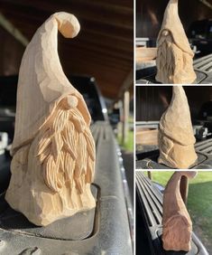 four different views of a carved gnome on a bench