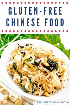 a white plate topped with pasta and spinach next to cashew sprouts