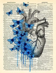 a blue heart and butterflies on an old book page