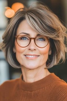 32 Chic Hairstyles for Women Over 50 with Glasses - The Hairstyle Edit Hairstyles For Women With Glasses Medium, Hair For Glasses Wearers, Hairstyles For Women Over 60 Medium With Glasses, Short Thick Wavy Hair, Glasses Inspiration, Chic Glasses, Layered Haircuts For Medium Hair, Hairstyles With Glasses, Stunning Hairstyles