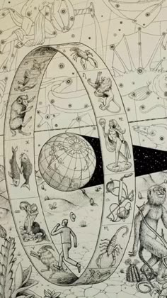 an old book with drawings on it and people looking at the stars in the sky