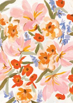 a painting of flowers on a white background with orange, pink and blue blooms in the center