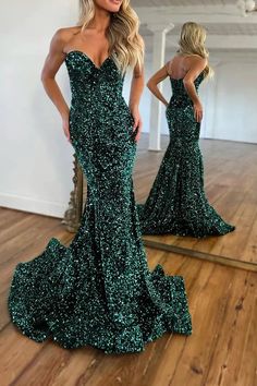 Dazzle at your next formal event with our Sequins Sweetheart Strapless Trumpet Long Formal Dress. Featuring a stunning sweetheart neckline and trumpet silhouette, this dress is adorned with shimmering sequins for a touch of glamour. Stay on trend and feel confident in this show-stopping piece. Tea Length Prom Dress, Mermaid Sweetheart, Sparkly Prom Dresses, Green Mermaid, Sequin Prom Dress, Prom Dresses For Sale, Lace Homecoming Dresses, Sophisticated Dress, Green Sequins