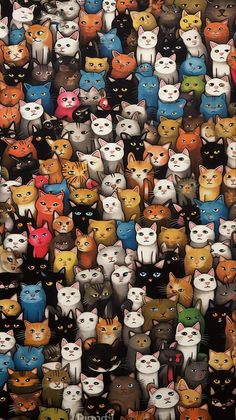 a large group of multicolored cats with different colors and sizes on their faces