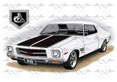 a drawing of a white car with black stripeing on it's hood and front end