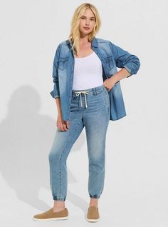 FIT Mid rise. . Relaxed jogger fit. Wear true-to-size or size up for a slouchier look. Perfect for every body shape. Inseams: Short: 25”; Regular: 27”; Tall: 29”. MATERIALS + CARE Knit Denim: That incomparably soft, stretchy feel of a knit legging in denim form. Stretch level: High. 86% cotton, 13% polyester, 1% spandex. Machine wash cold, inside out. Tumble dry low. Imported. DETAILS Fly-free drawstring waistband. 4-pocket design. Elastic cuffs at ankle. WHY WE LOVE IT They're the perfect combi Black Beachwear, Kimono Shrug, Fly Free, Knit Denim, Sheer Shorts, Summer Lookbook, Knit Leggings, Sweaters And Jeans, Urban Outfits