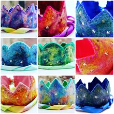 several pictures of different colored crowns with stars on them