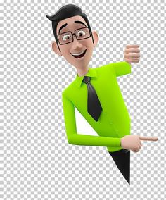 a cartoon man in a green shirt and tie pointing at something