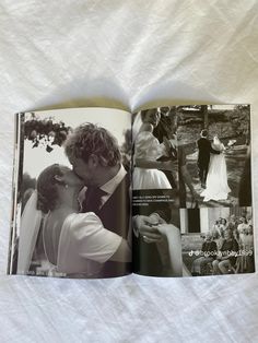 an open wedding book with pictures of the bride and groom