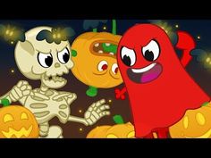 two cartoon characters with pumpkins and jack - o'- lanterns in the background