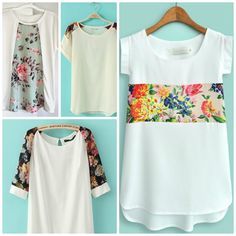 four different types of blouses hanging on a rack and one is white, the other has floral print