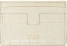 Croc-embossed calfskin card holder in off-white. · Logo stamp at face · Four card slots · Central note slot · Grained sheepskin lining · H2.75 x W3.75 Supplier color: Ivory Tom Ford Bag, Tom Ford Men, Black Wallet, Male Cards, Money Clip Wallet, Logo Stamp, Card Holder Wallet, Card Holder Leather, Color Ivory