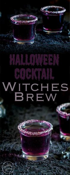 halloween cocktails with witches brew in the middle and on the bottom, including two glasses