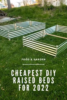 four metal beds in the grass with text overlay reading cheapest diy raised beds for